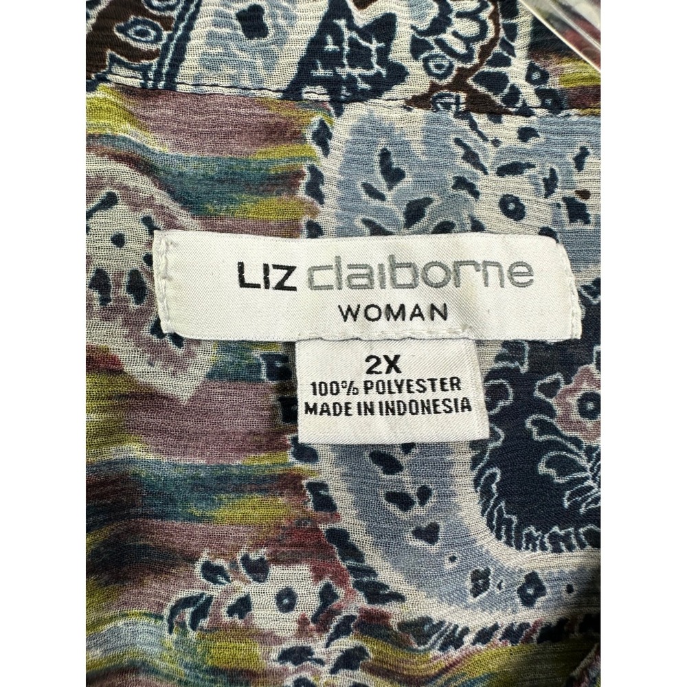 Liz Claiborne Woman 2X Paisley Ikat Print Button Front Blouse Long Sleeve Top